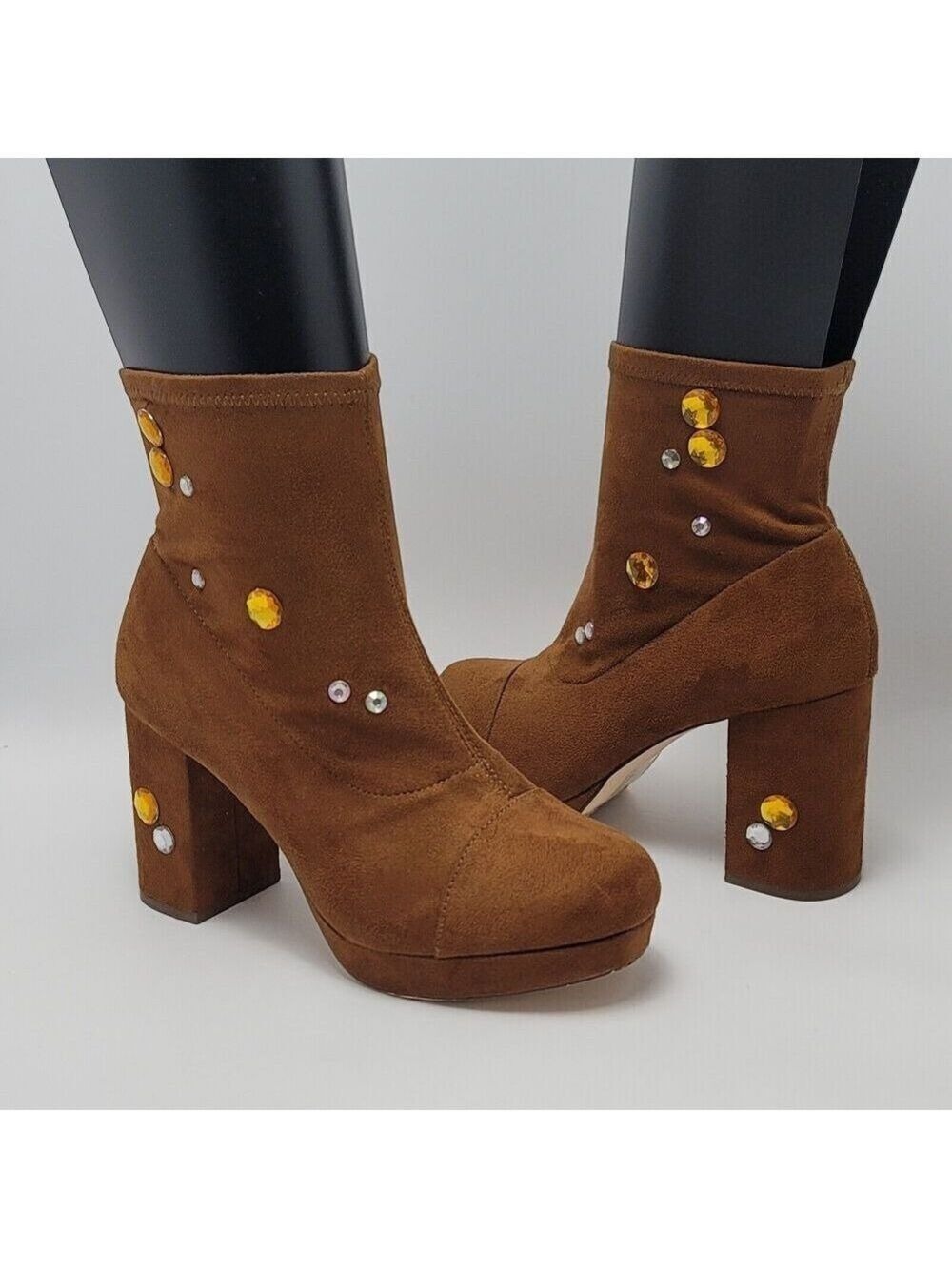 Forever 21 Block Heels Stretchy Faux Suede Pull On Customized Boots Tan Size 8